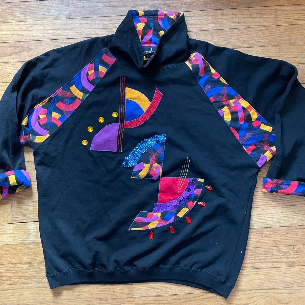 Retro vintage 90s Carole Little Sport black sequin jeweled sweatshirt large